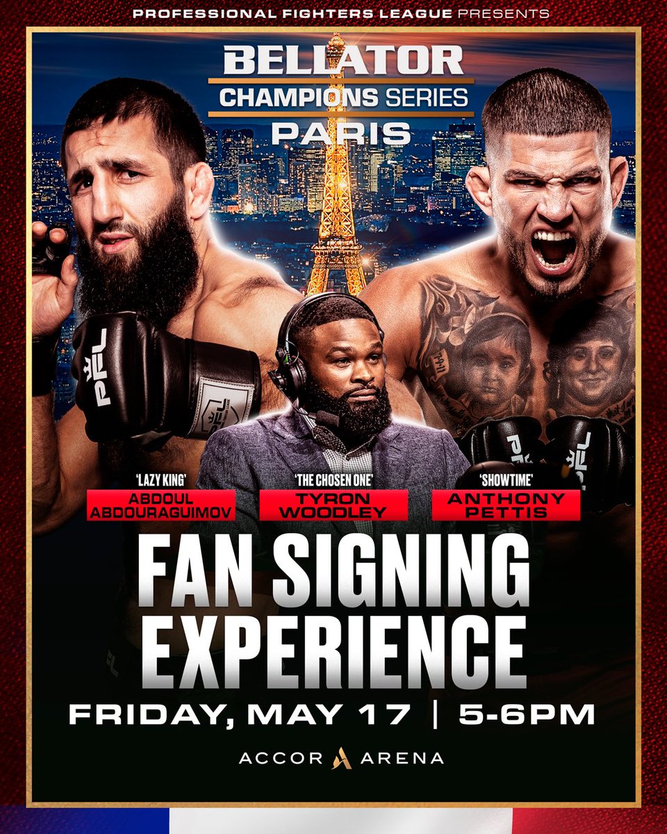 𝙈𝙀𝙀𝙏 𝘼𝙉𝘿 𝙂𝙍𝙀𝙀𝙏! 🤝 @Showtimepettis, @TWooodley and @LazyKingMMA will be in attendance at the Accor Arena on Friday night for a meet and greet signing experience and grab a picture with the Bellator Champions Series Belt, only open to ticket holders! 🤩