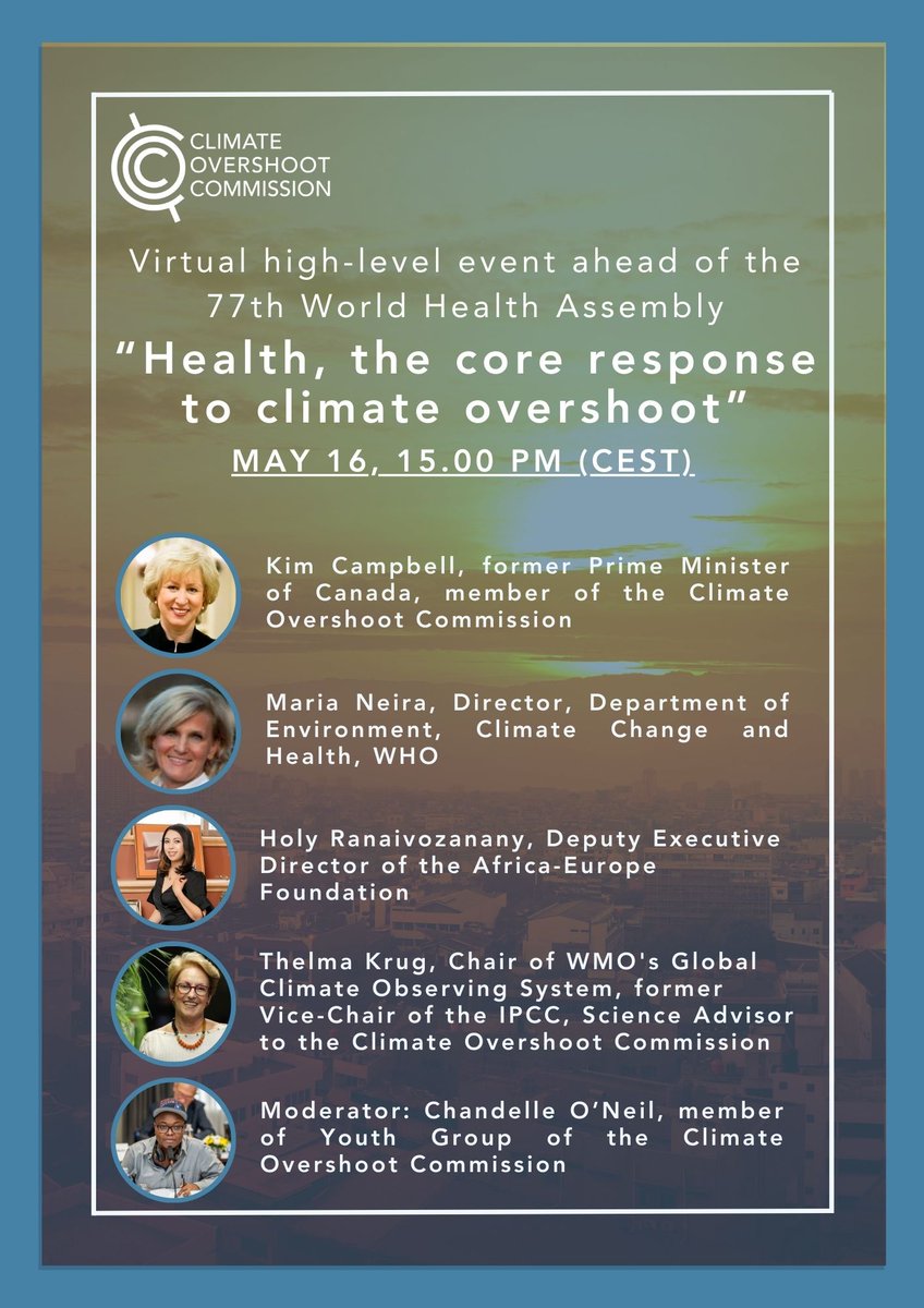 📢 Reminder 📢 Join us for our virtual high-level event ahead of the 77th World Health Assembly on climate impacts and public health 🌎🌡️⚕ 📆 When? May 16 at 15.00 (CEST) 📍 Where? On Zoom via this link: us06web.zoom.us/j/88927298670?…