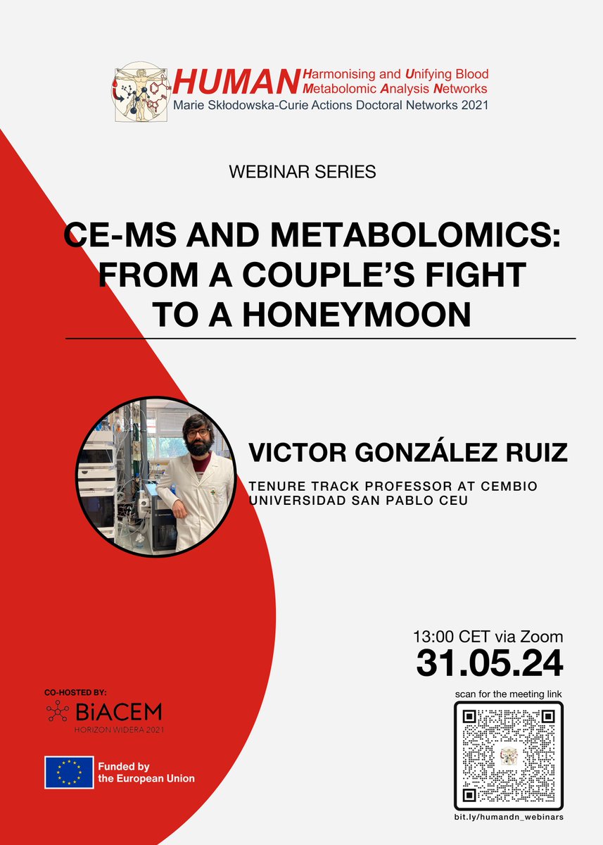 ❗️Save the date📢We're hosting another #free and open to the public #webinar on 🗓️31.05.24❗️Join us and Victor Ruiz in exploring #metabolomics with CE-MS. ⏰13:00 CET via Zoom!➡️bit.ly/humand_webinars