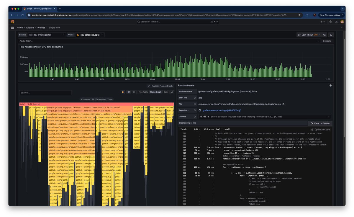 This is cool. You can see the code that relates to a flame graph by connecting @github to @grafana 

Written in #typescript and #golang