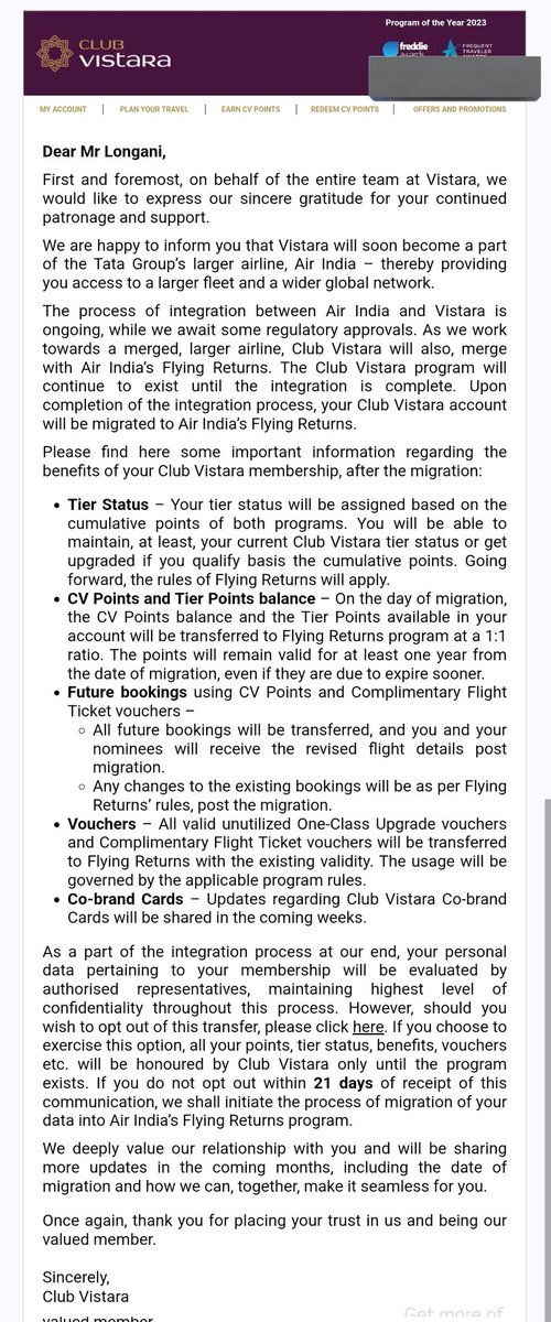 Club @airvistara to merge into @airindia 's Flying Returns. On the day of migration, CV points, tier points and unused upgrade vouchers (one class and complimentary flight vouchers) to be moved like for like. Details on co-branded cards (I have 2) to follow. #AvGeek #PaxEx