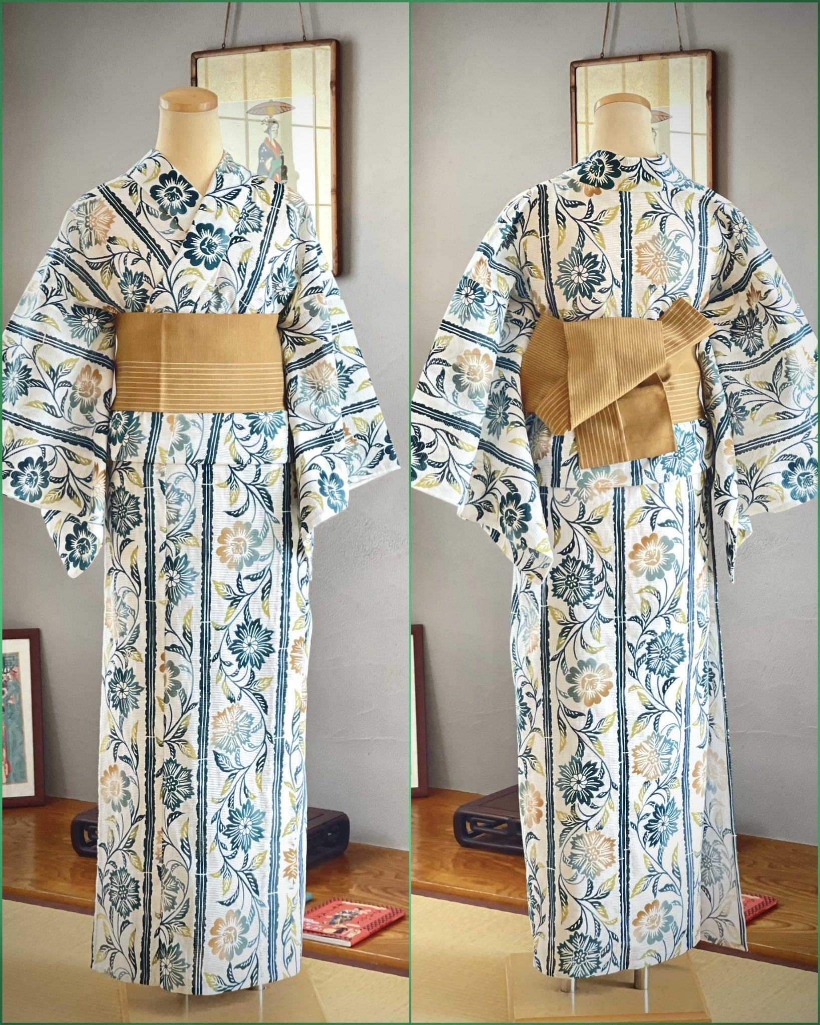 ズンダ✺美品 綿絽 雀 浴衣 着物 A3053 銀座【D-2299】（S・細め）三勝製 綿絽 浴衣 白色×濃藍色 潮葦の