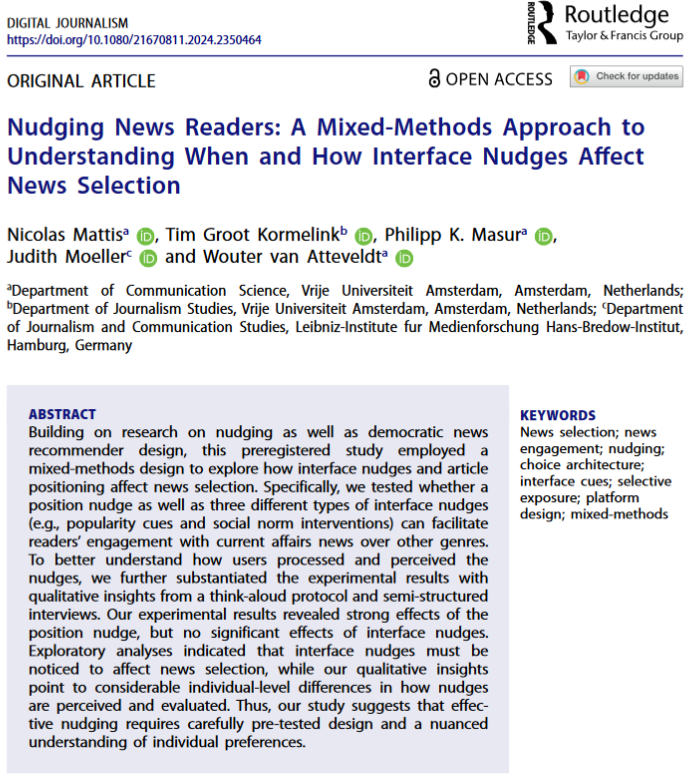 🚨 New paper 🚨

We conducted a mixed methods study to test whether a position and various interface nudges can facilitate the selection of current affairs news over other genres 

tandfonline.com/doi/full/10.10…
