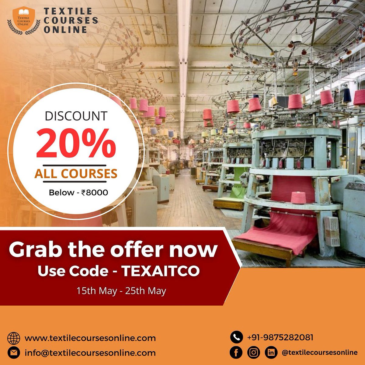 Unlock Your Potential with TEXAITCO! Enjoy 20% off on all courses under 8000. Don’t miss out - offer valid from tomorrow till 25th May. Enroll now for a brighter future

#textilecourses #onlinelearning #fashioneducation #trims101 #fashionindustry #fashionprofessionals