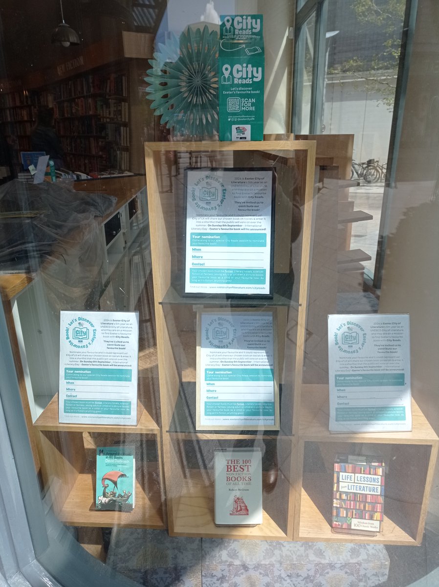 We LOVE this City Reads display at @waterstones_exe! 💖 Let them know your favourite book and it could end up in our City Reads shortlist! 🗳️ We'll be unveiling the shortlisted books at The Book Market next month, find out more about City Reads here: exetercityofliterature.com/current-projec…