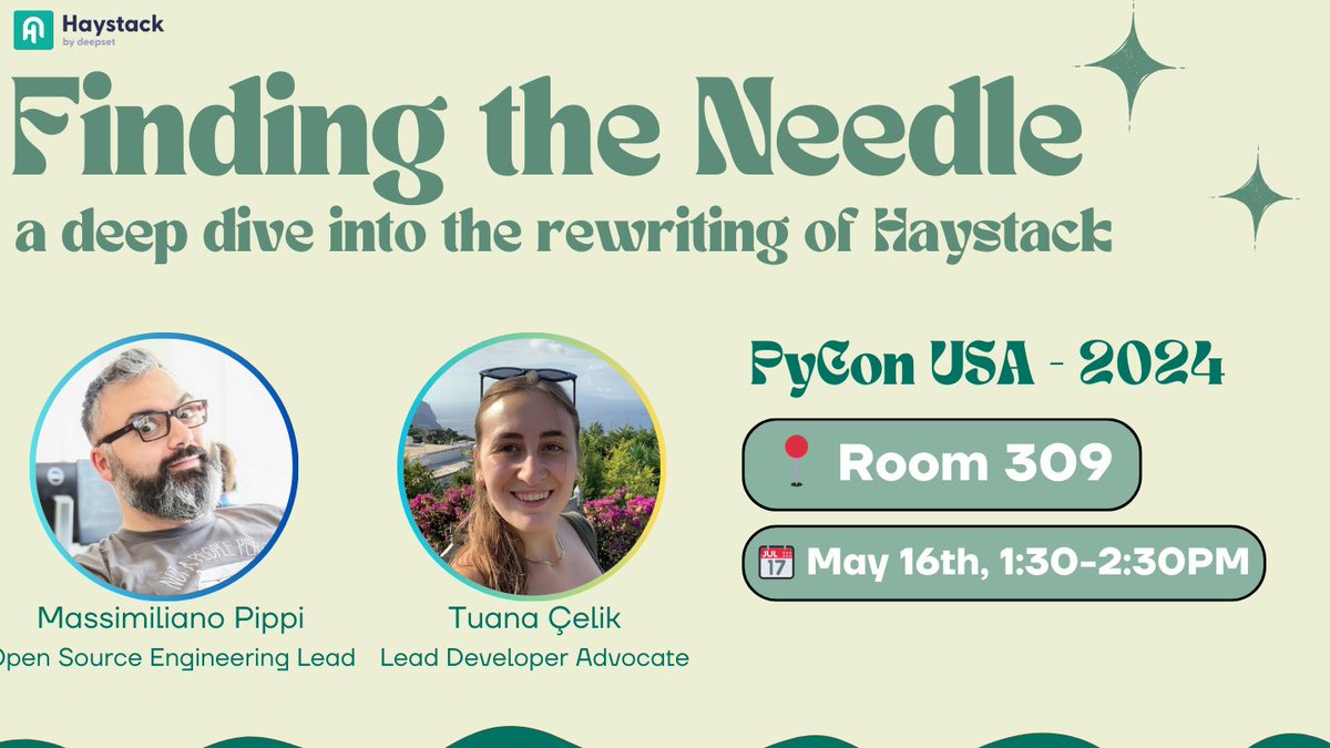 Anyone at @pycon? Tomorrow, me and @massi_451 will be talking about the rewrite of @Haystack_AI 🚀 Come along to find out the why and the how of Haystack 2.0 👉 us.pycon.org/2024/schedule/… And on Saturday, I'll have my own talk 'Everything is a Graph, and that's handy!' 🫶