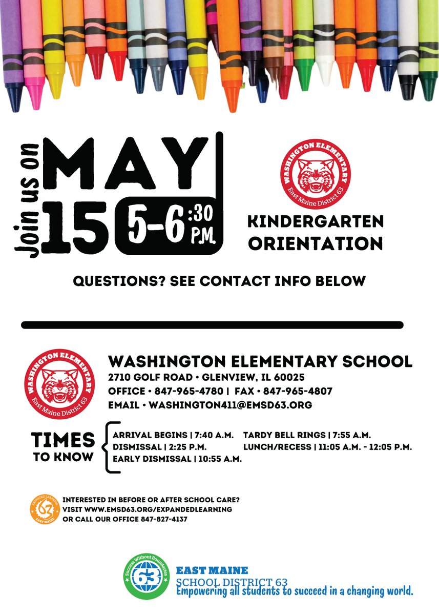 Will your child be entering kindergarten at Washington in August? Don't miss our Kindergarten Orientation TODAY, May 15! Start time 5 p.m. tinyurl.com/2u7ftvs2