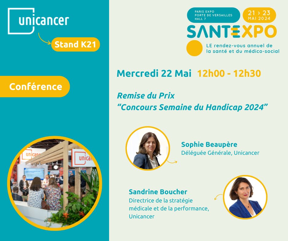 #Santexpo 🏆 Rejoignez-nous sur le stand Unicancer K21 le mercredi 22 mai à 12h pour la remise du prix 'Concours semaine du handicap 2024' Plus d'informations sur Unicancer et Santexpo 👉 urlz.fr/qAdF