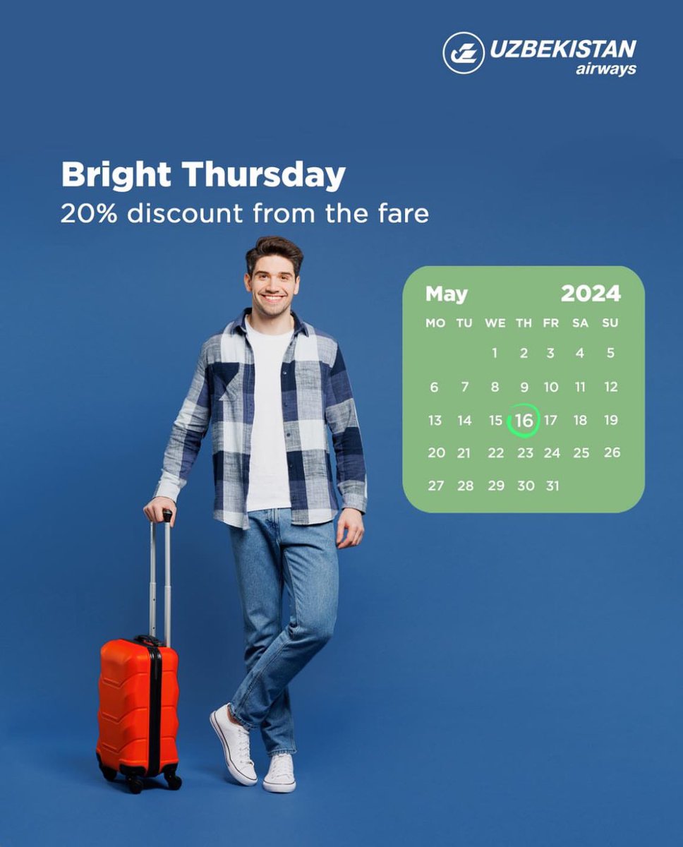Uzbekistan Airways has some good routes for #BrightThursday if you book tomorrow & travel anytime. 20% off tickets to/from Tashkent-Bangkok & Kuala Lumpur; & to/from Istanbul to Samarkand, Nukus, & Bukhara. Just book in the website - the reduced price will be shown tomorrow.