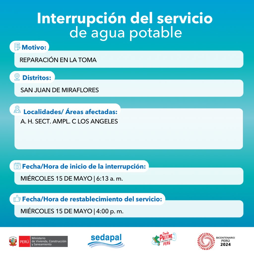 Corte de agua HOY 15 de mayo en San Juan de Miraflores. Foto: Sedapal   