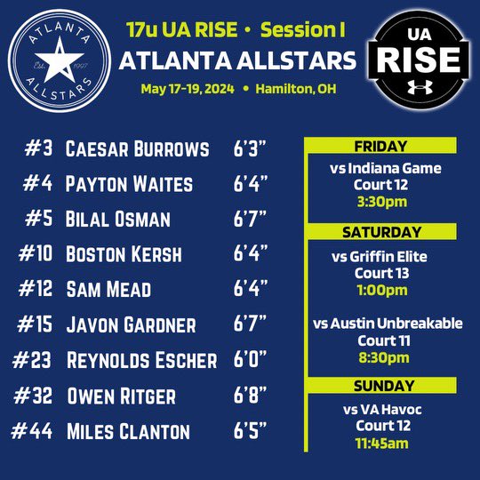 Live NCAA Period this weekend. 17(u) Atlanta AllStars will be in Cincinnati, UA RISE CIRCUIT playing at Spooky Nook - Champions Mill. SCHEDULE / ROSTER below. @AtlAllStars_ @RiseCircuit
