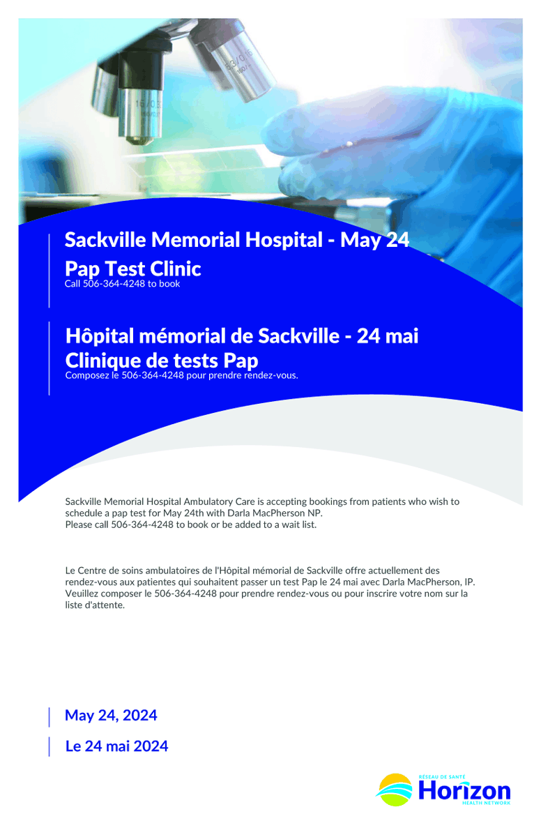 Horizon Health is hosting a Pap test clinic at Sackville Memorial Hospital on May 24, 2024.  🏥 🩺

Led by Darla MacPherson NP, this clinic is a key opportunity for early detection and prevention of cervical cancer.

👉 For more details, click here: sackville.com/2024/05/horizo…