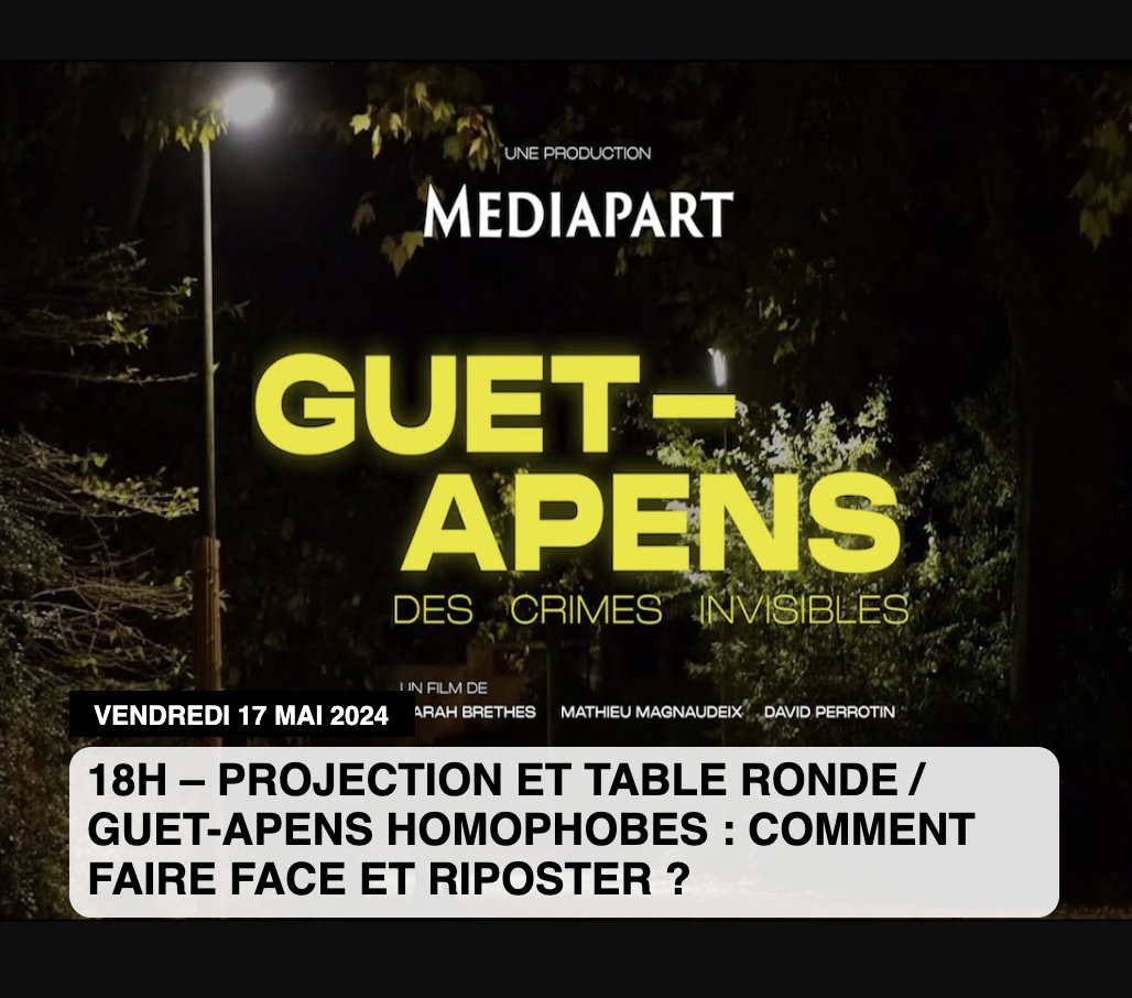 Ce vendredi, rendez-vous à 18h à Nice au Cinéma Le Belmondo pour une projection-débat autour du documentaire Guet-Apens dans le cadre du Rainbow festival de @clgbtcotedazur. Projections prévues aussi le 16 mai au Mans avec @mathieu_m et le 17 mai avec @TarikSafraoui à Namur.