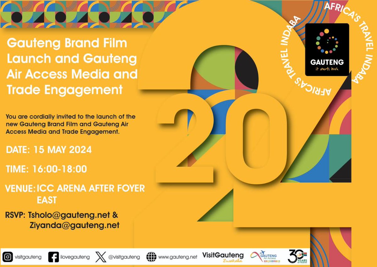 Join us for the Gauteng Brand Film Launch and Gauteng Air Access Media and Trade Engagement today @travel_indaba. Don't miss out on this dynamic showcase from 16:00-18:00 at the ICC Arena. RSVP now to secure your spot! #VisitGAUTENG #GautengAirAccess #GPLifestyle #ATI2024