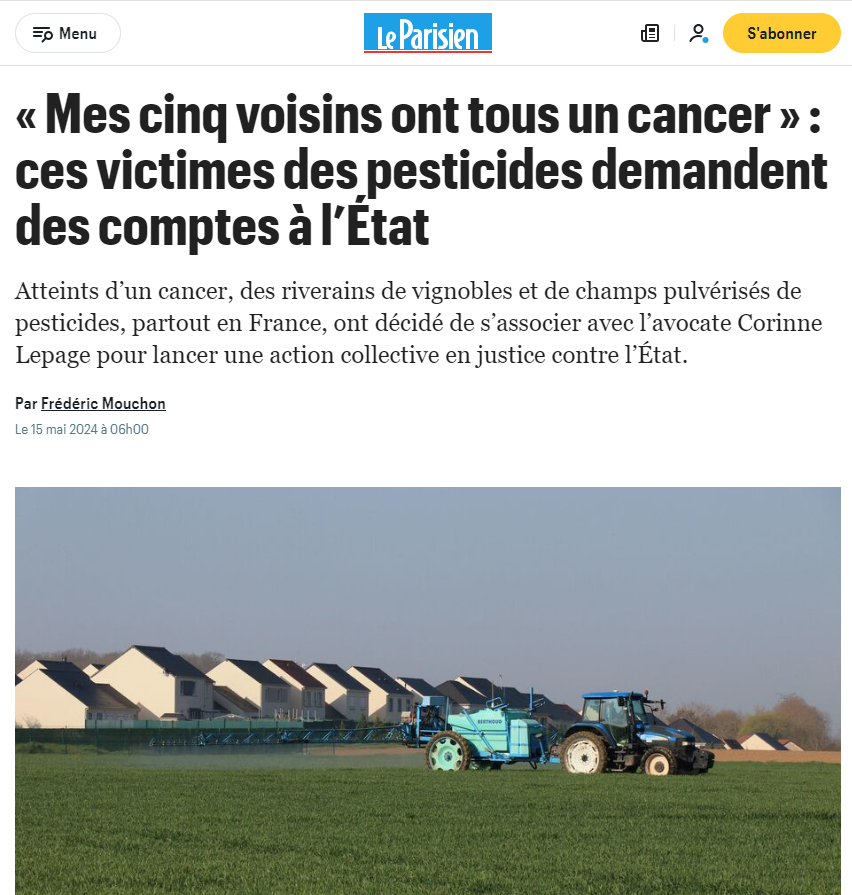 'Mes cinq voisins ont tous un #cancer'.

Atteints d’un cancer, des riverains de vignobles et de champs pulvérisés de #pesticides ont décidé de s’associer avec l’avocate Corinne Lepage pour lancer une action collective en #justice contre l’État.

➡️ leparisien.fr/societe/sante/…