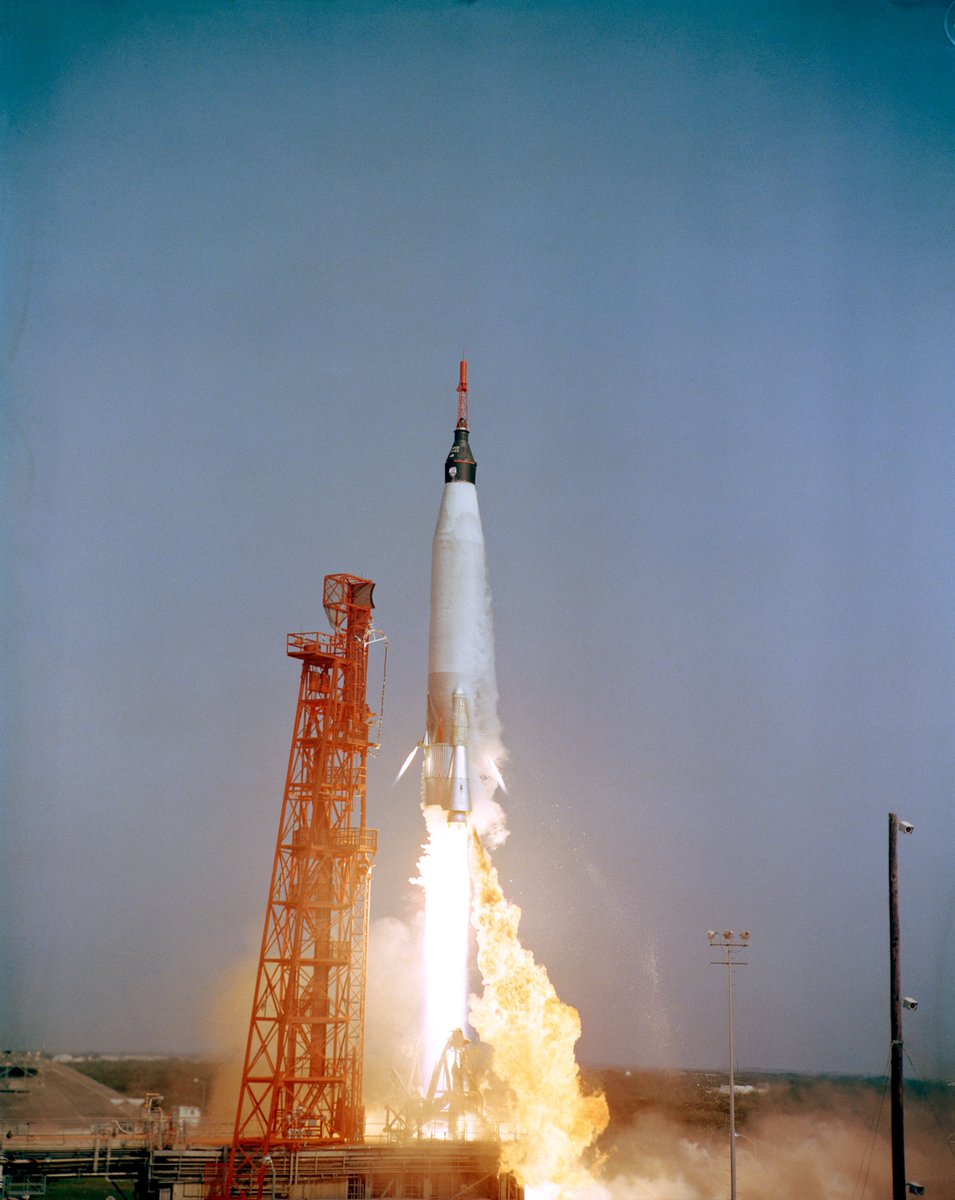 AFmuseum's tweet image. The rocket on display represents the launch vehicle for USAF Major Gordon Cooper’s Mercury-Atlas 9 mission on May 15-16, 1963. His was the final and longest Mercury mission, lasting more than 34 hours. In his spacecraft Faith 7, Cooper orbited the Earth 22 times. #OTD #spacegeek