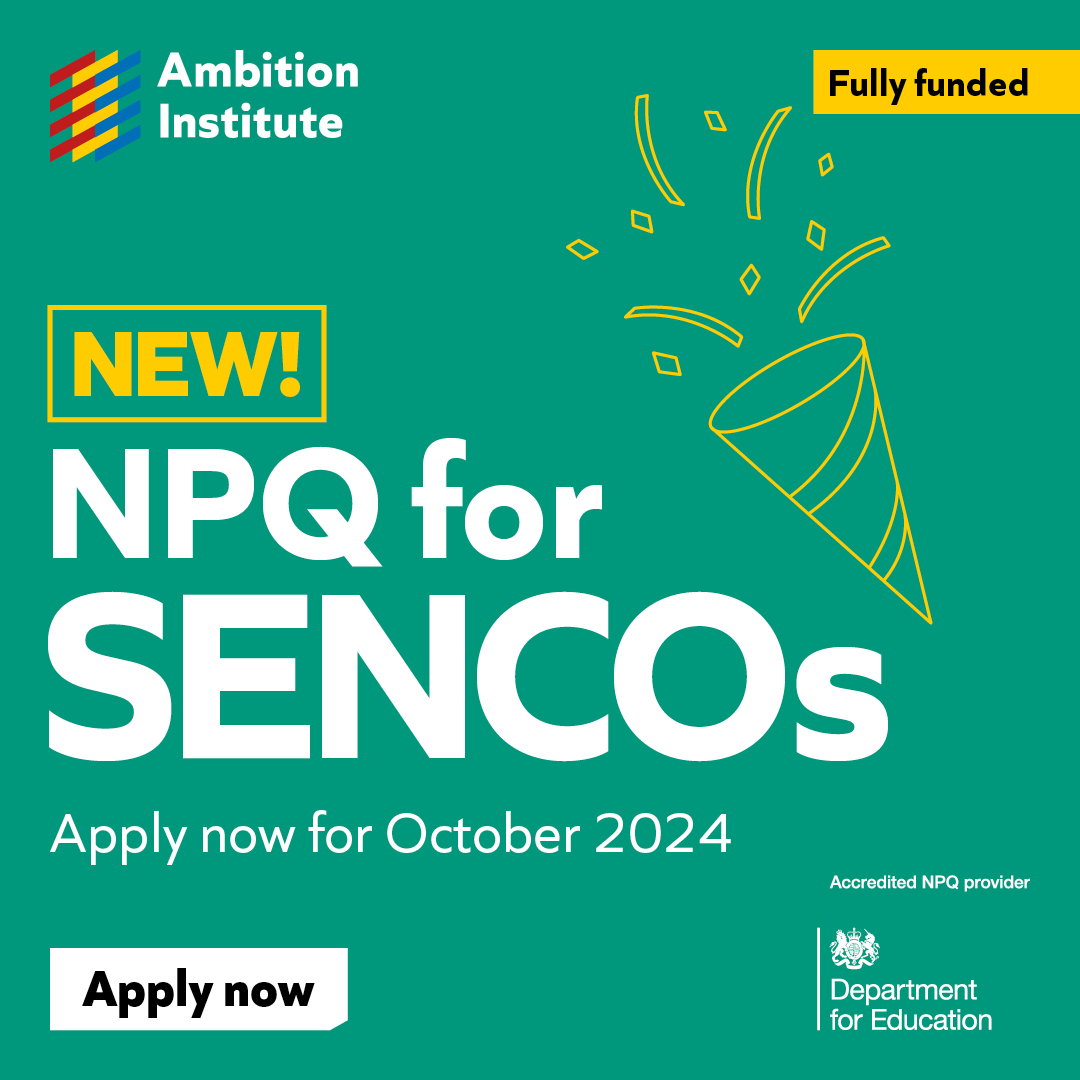Central London Teaching School Hub (@centralldntsh) on Twitter photo 📢We are delighted to be offering the new NPQ SENCO from October 2024.
This 18 month programme is fully-funded by DfE, but places will be limited so please express your interest now - applications will open in June. 👉
centrallondontsh.org.uk/programmes/npqs
#npqs <a href="/Ambition_Inst/">Ambition Institute</a> 📢We are delighted to be offering the new NPQ SENCO from October 2024.
This 18 month programme is fully-funded by DfE, but places will be limited so please express your interest now - applications will open in June. 👉
centrallondontsh.org.uk/programmes/npqs
#npqs <a href="/Ambition_Inst/">Ambition Institute</a>