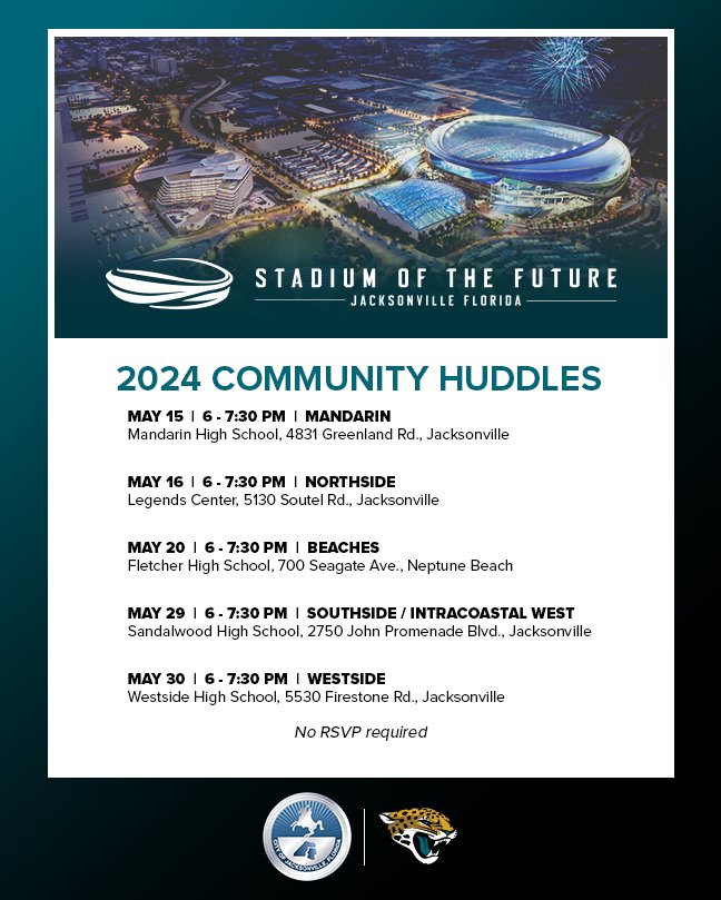 The City and the @Jaguars will host the first of five Community Huddles tonight at 6pm at Mandarin H.S. for citizens to learn more and ask questions about the proposed stadium deal. 🔹Stadium deal info: jacksonville.gov/sotf 🔹Community Huddles info: jacksonville.gov/welcome/news/c…