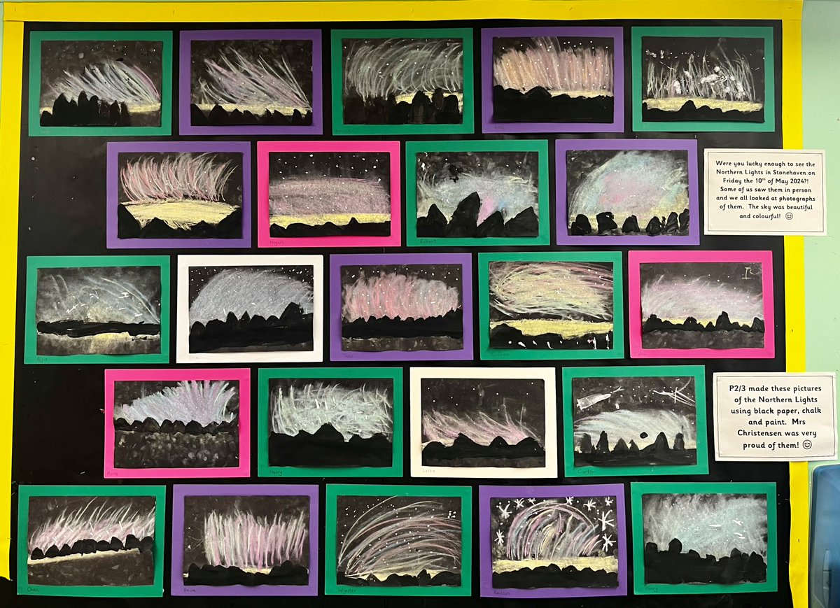 Our P2/3 class made these pictures of the Northern Lights after seeing them in person in Stonehaven or looking at photos of the beautiful colours in the sky.  They used black paper, chalk and paint.