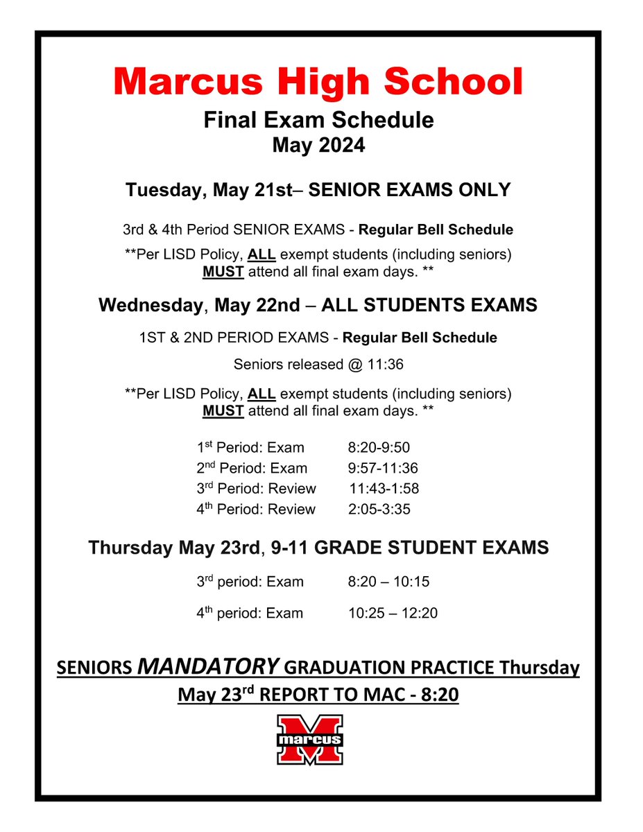 Final Exams are next week! Seniors, please remember that you have mandatory graduation practice in the MAC on May 23rd at 8:20am. buff.ly/3ytrS9v