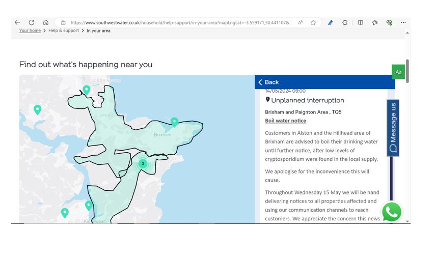 Those residents in this area are being advised to boil water before drinking and follow the guidance on this link: southwestwater.co.uk/household/help…