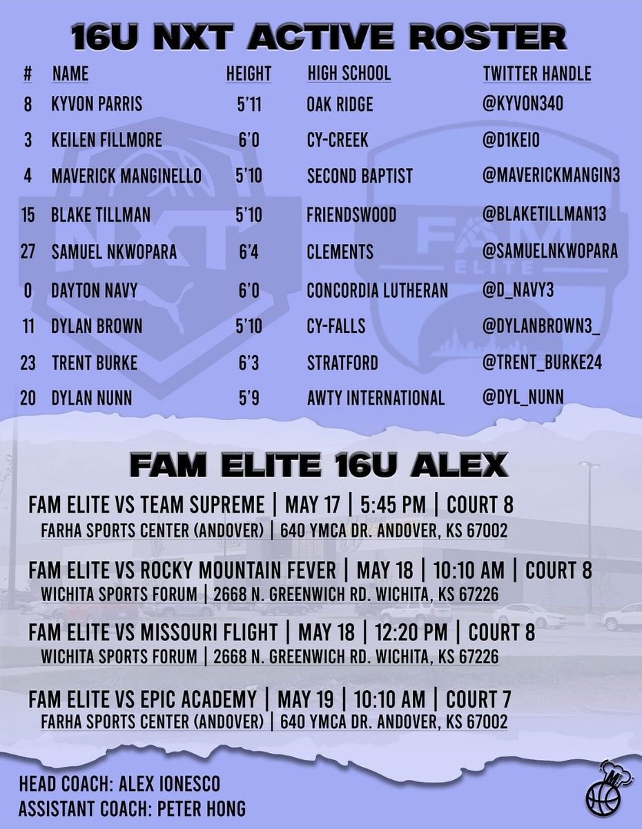 This is my schedule for the upcoming weekend in Wichita Kansas. I will be playing with <a href="/FAMeliteMBB/">Houston FAM Elite</a>.

<a href="/PRO16League/">PRO16/NXTPRO League</a> 
<a href="/EthanPiechota/">Ethan Piechota</a> 
<a href="/RcsSports/">Jim Hicks</a> 
#RecruitTheFAM
