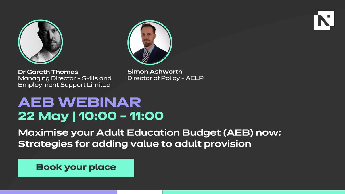 Don't miss our upcoming AEB webinar featuring industry experts Dr Gareth Thomas and Simon Ashworth! Join us for an insightful discussion on maximising value in adult provision. 💼💡 Reserve your seat today! 📆 bit.ly/44ocuax