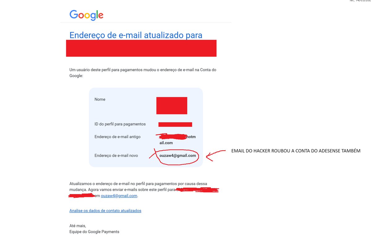 Poisé gente, acabei de ver esse email que estava guardado, o hacker/pinche sei lá, trocou até meu email do adsense pra ele receber meu dinheiro mensalmente, poxa youtube, como pode fazer essas mudanças assim tão facilmente?
@TeamYouTube tô triste.