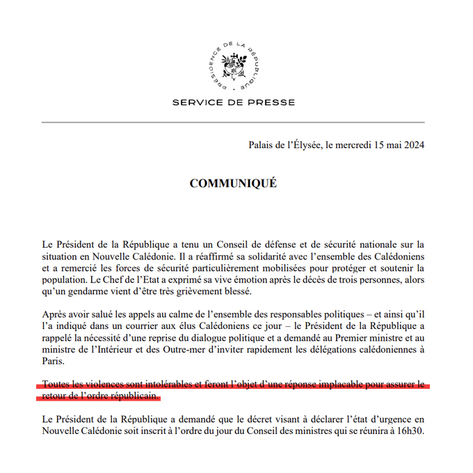 Il ne faut pas confondre ordre républicain et ordre colonial Macron ne connait que la répression d'État pour régler ses problèmes. Ses décisions irresponsables nous engagent dans une spirale de violence qui peut mener au pire Retirez le texte et envoyez une mission de dialogue