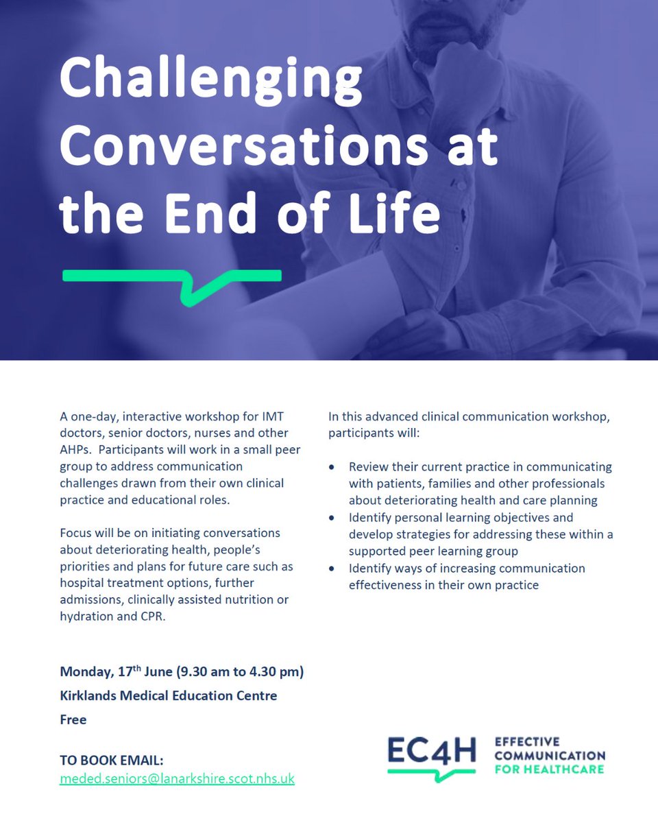 Free advanced clinical communication workshop for IMT's, Doctors, Nurses and other AHP's working in @NHSLanarkshire. Focus will be on intitiating coversations about deteriorating health and plans for the future @nhsl_meded To apply or for more info ⬇️ ec4h.org.uk/workshop/chall…