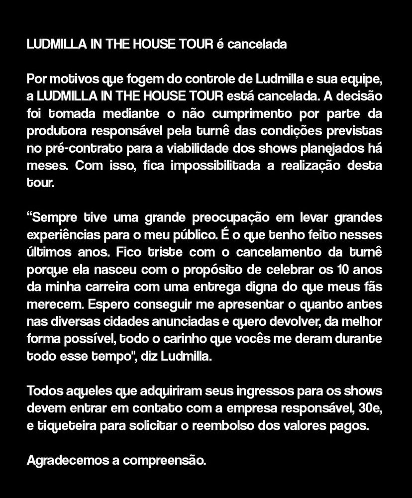 LUDMILLA acaba de anunciar o CANCELAMENTO da turnê “LUDMILLA IN THE HOUSE”.