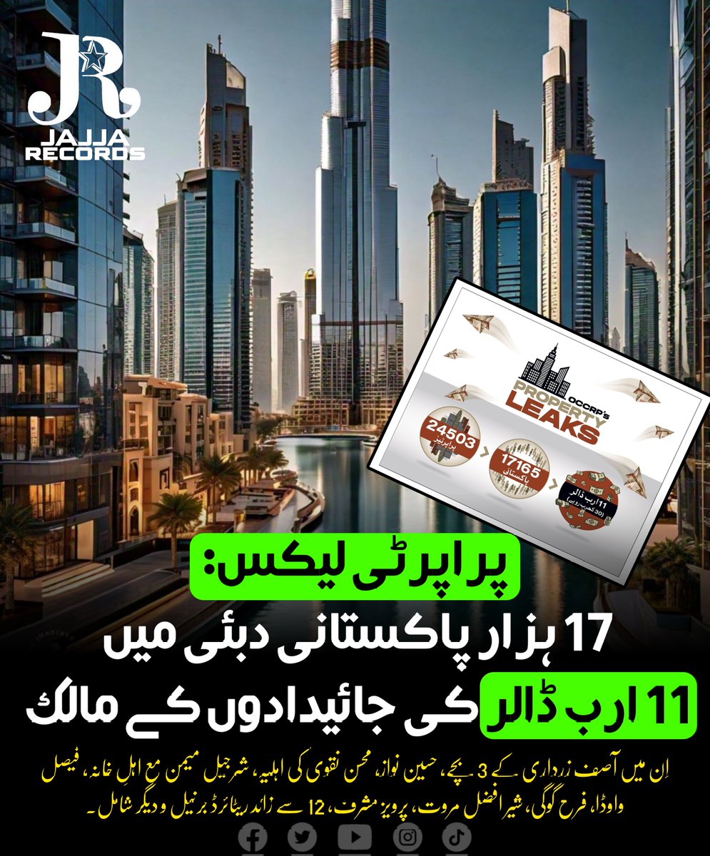 پراپرٹی لیکس: 17 ہزار پاکستانی دبئی میں 11 ارب ڈالر کی جائیدادوں کے مالک #JajjaRecords #NewsByJR #DubaiLeaks #PropertyLeaks #Dubai #Property #Pakistani #Pakistan #Leaks #DubaiLife #بہانے_نہیں_احتجاج_کرو #TTP_PTM_Nexus #ReleaseAhmadFarhad #ہمارا_خان_رہا_کرو