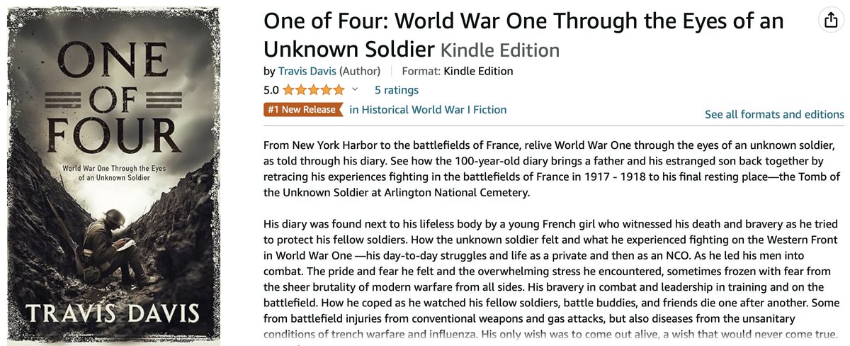 One of Four has been out 14 days and has spent over 75% of those days right here (#1 New Release). Thank you, everyone; if you haven't got it yet, it would be a perfect time. A great patriotic read for #memorialday #ww1 #HistoryMatters #booksbooksbooks #writerscommunity
