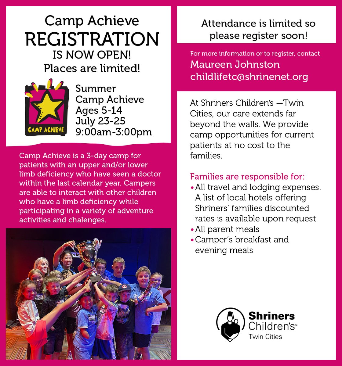 Do you have a patient with a limb difference between the ages of 5 & 14? Did you know we host an awesome summer camp called Camp Achieve for this specific group? Register today! More information: ow.ly/23ep50RGlWh