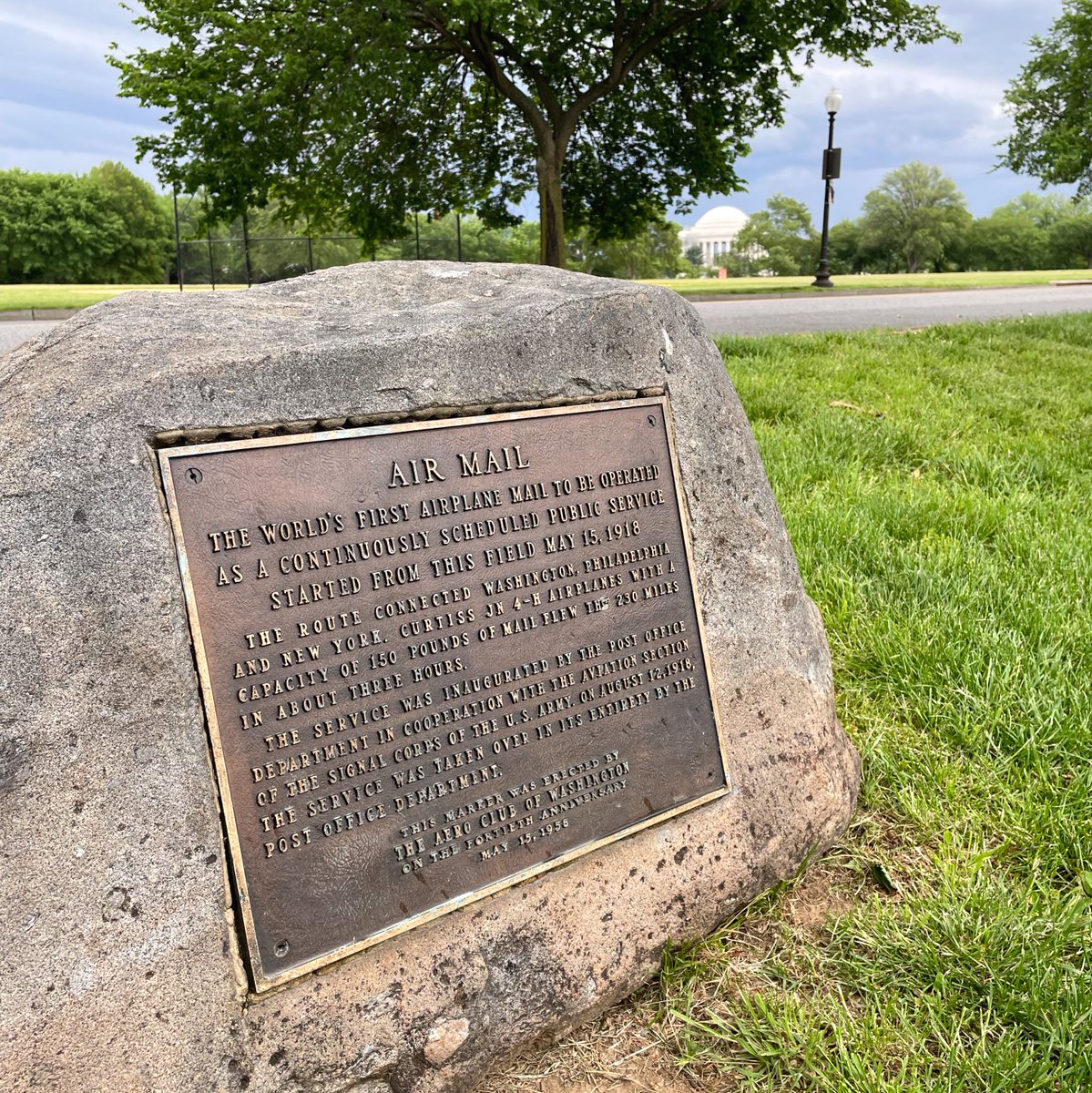 The first Air Mail flight took off from an empty field on the National Mall #OTD in 1918. A small marker along the Potomac River near the FDR ballfields commemorates the beginning of an important chapter in aviation history. #WashingtonDC