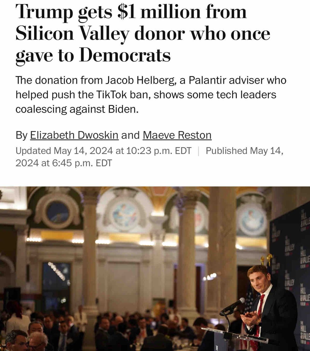 “The donation from Jacob Helberg, a Palantir adviser who helped push the TikTok ban, shows some tech leaders coalescing against Biden” ow.ly/nI5350RGCTM