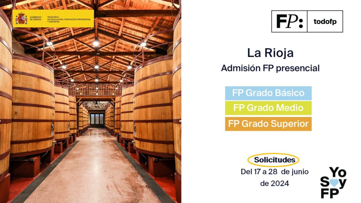 📢 #FPLaRioja. Admisión FP Presencial: Grado Básico, Medio y Superior #TodoFP #YoSoyFP 🔴 Solicitudes: Del 17 a 28 de junio de 2024 🔎todofp.es/sobre-fp/actua…