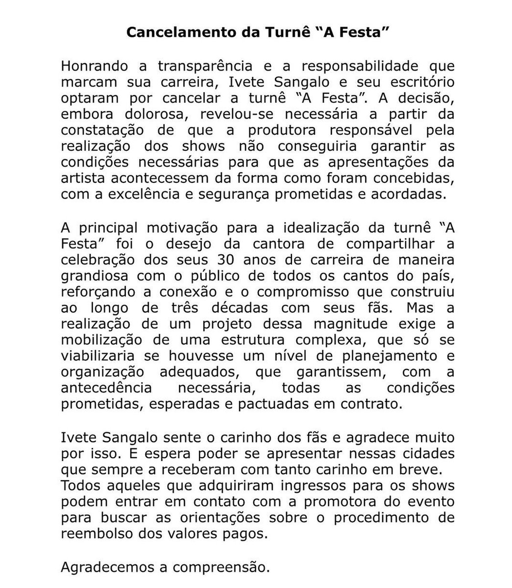 Ivete Sangalo anuncia CANCELAMENTO da turnê “A Festa”, que passaria por diversos estádios no Brasil.