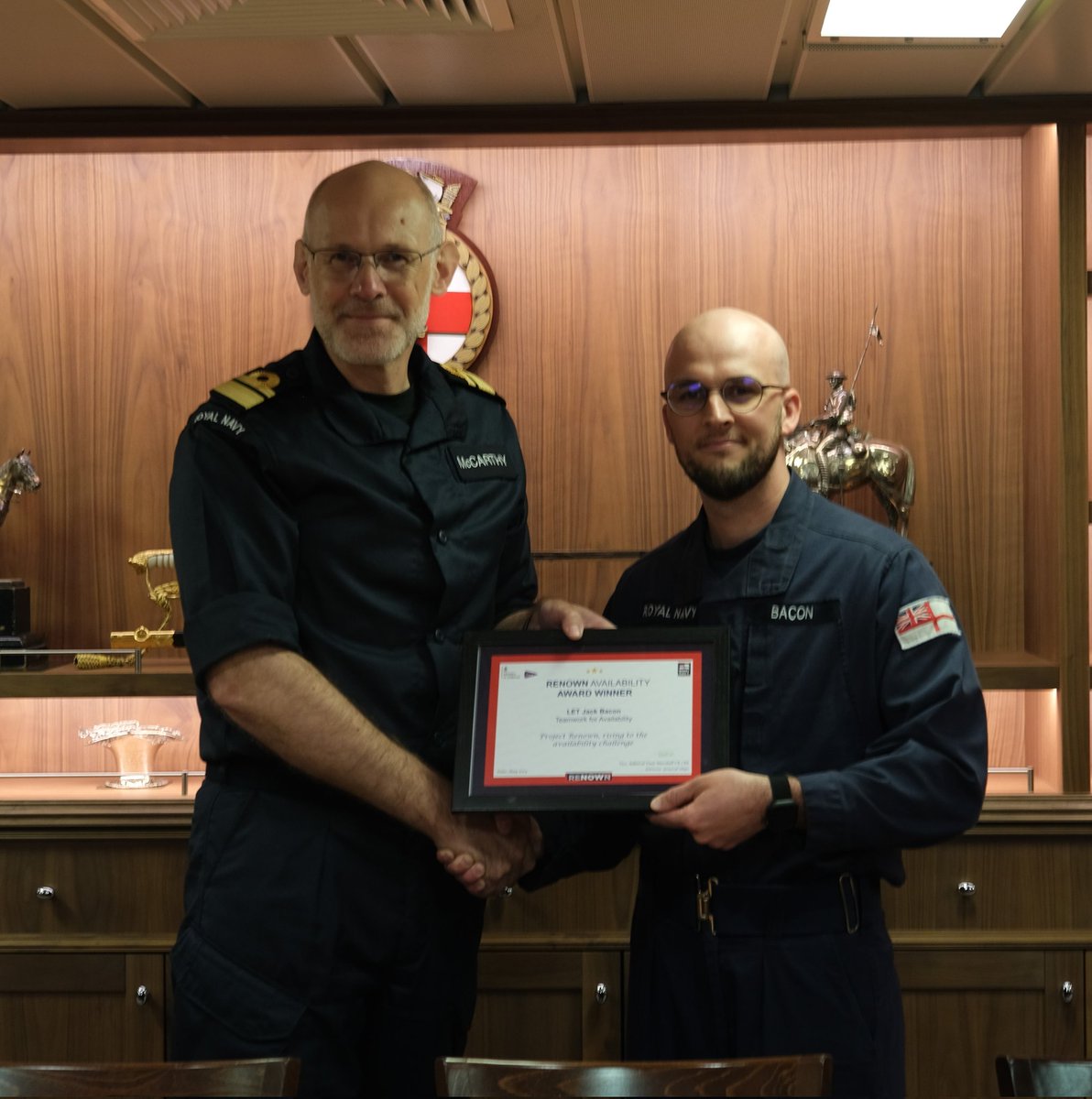 Many congratulations to PO ET(WE) Jose and LET(WE) Bacon who received their RENOWN Ship's Availability Award this week from CNEO RAdm McCarthy, for all they achieved during the WESTLANT 23 deployment in PWLS. #EngineeringJobs #aWEsome