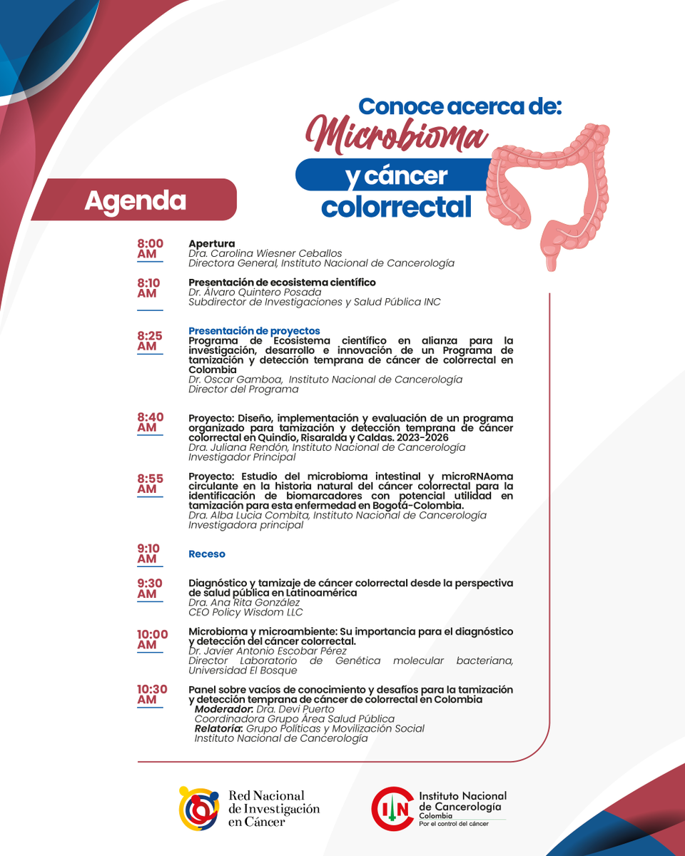 ¡No te pierdas la Sesión Académica del Instituto Nacional de Cancerología y la Red Nacional de Investigación en Cáncer 'Conoce acerca de microbioma y cáncer colorrectal' ¡Inscríbete ahora! ➡️ acortar.link/NucYUQ 🚀 #CáncerColorrectal #Investigación #Salud