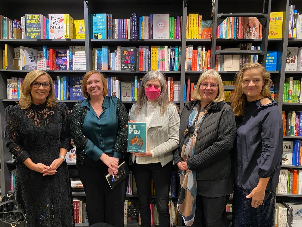 Great to launch @JoanneEWallis and my book  Girt by Sea at Readings Carlton - what a thrill! Fab photo of us w women in IR, a journo, academic and diplomat: Ali Moore (our wonderful chair) @mariarostrublee  Susan Coles 😀