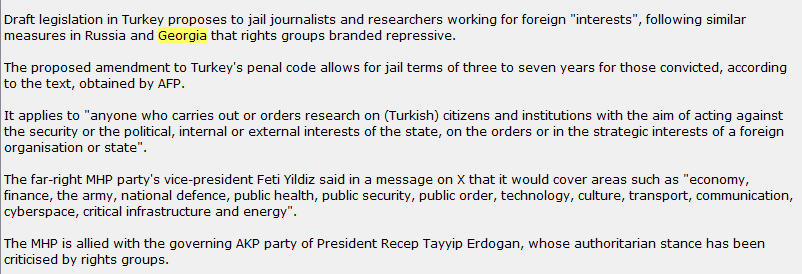 AFP is reporting that there's draft legislation in Turkey that would jail journalists and researchers working for foreign 'interests' - much like the measures in Russia and #Georgia. According to AFP, amendment would allow 3-7 years in jail for those convicted.