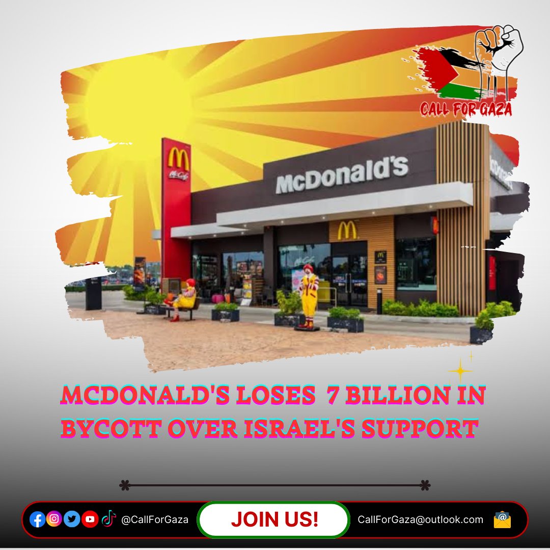 McDonald's grapples with a staggering $7 billion loss as boycott intensifies over its connection to Israel's support.

#JusticeForGaza #HumanitarianAid #ChildrensRights #HopeForGaza #RebuildGaza #HealingJourney #SolidarityWithGaza #StopTheViolence #GazaUnderAttack #HumanRights