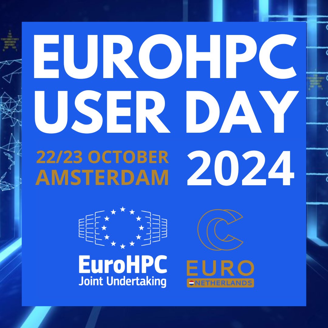 📣 SAVE THE DATE! 📅 

The second EuroHPC User Day is happening in Amsterdam on 22-23 October, 2024. 

Mark your calendars for this immersive experience, featuring plenaries & parallel tracks, and a chance to share best practices.

⚠️Submit your proposal: eurohpc-ju.europa.eu/news-events/ev…