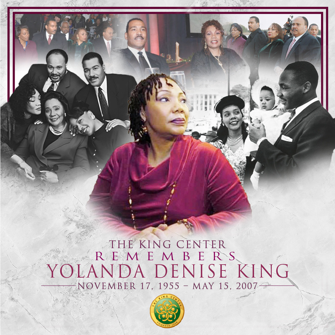 Today we remember the legacy, life, creative gifts, and beauty of Yolanda Denise King. She was the first child of Dr. Martin Luther King Jr. and Mrs. Coretta Scott King. Yolanda transitioned on May 15, 2007. We honor her today. #YolandaDKing #KingLegacy