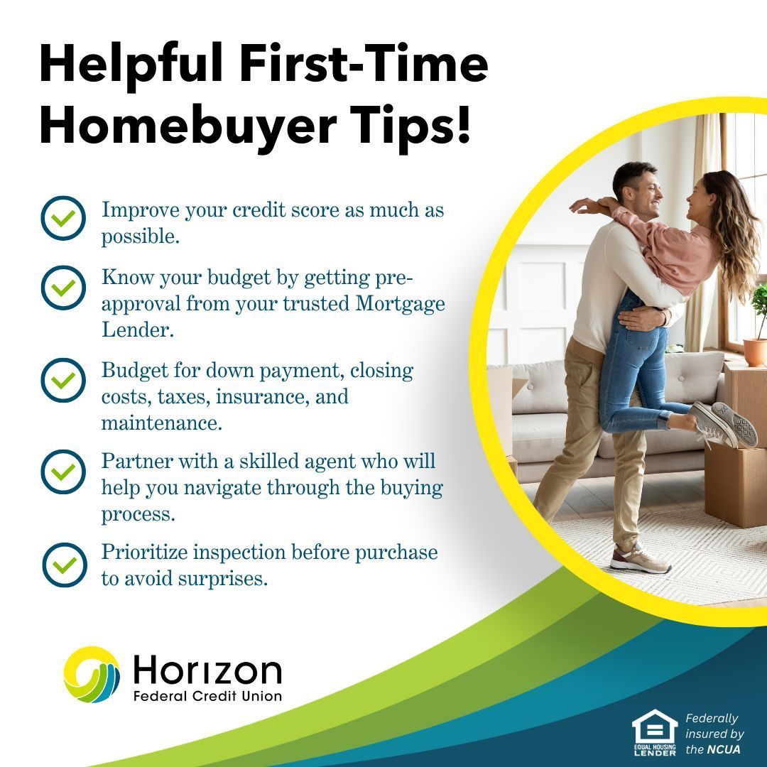 Spring is in the air, and it's the perfect time for first-time homebuyers to make their move! 

Here are 5 essential tips to consider as you embark on your homebuying journey: buff.ly/3RSRovb

#HorizonFCU #SeeBeyondToday #HomebuyingTips #FirstTimeHomebuyer