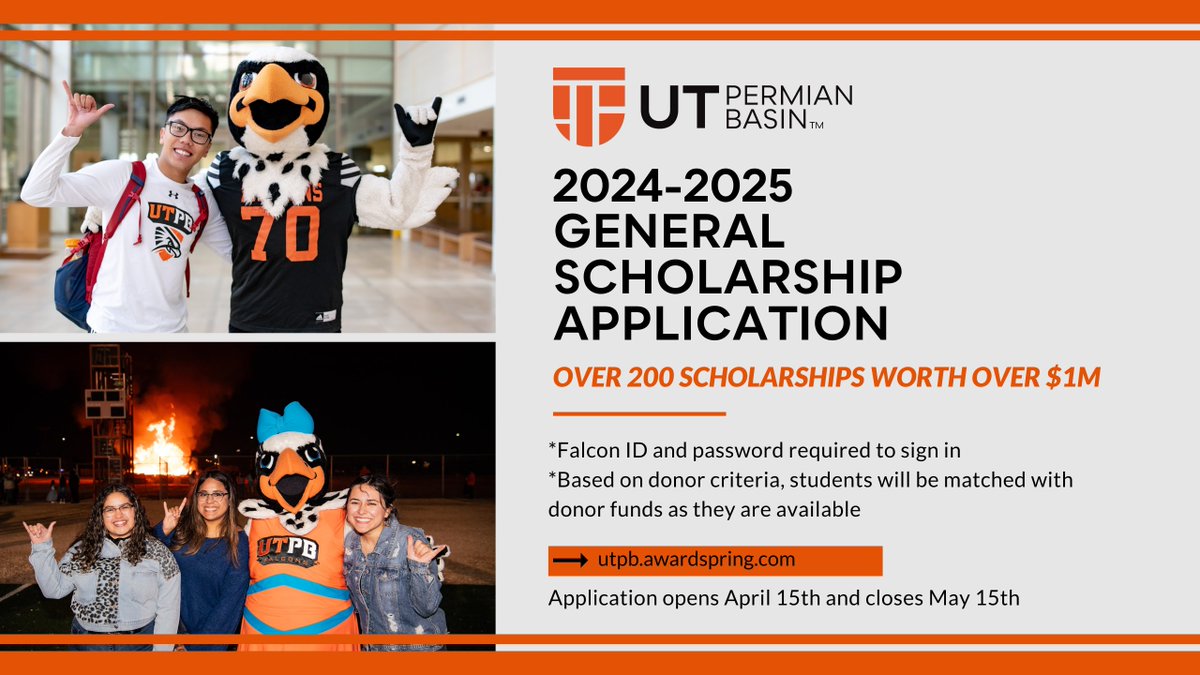 TODAY is the 24-25 General Scholarship deadline. You do not want to miss this opportunity! Click the link in our bio to access our online application.💻💰 Questions ? Email scholarships@utpb.edu
#utpb #falconsup