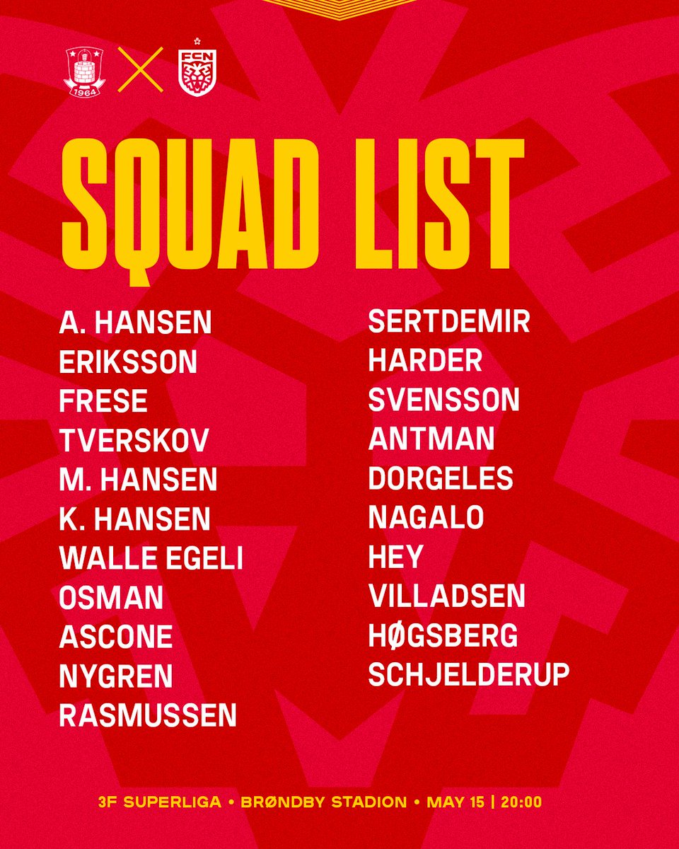 𝐃𝐚𝐠𝐞𝐧𝐬 𝐭𝐫𝐮𝐩 ❤️💛 I aften møder vi Brøndby IF på Brøndby Stadion - og trænerteamet har udtaget følgende 21 spillere til den vigtige kamp! 🔻