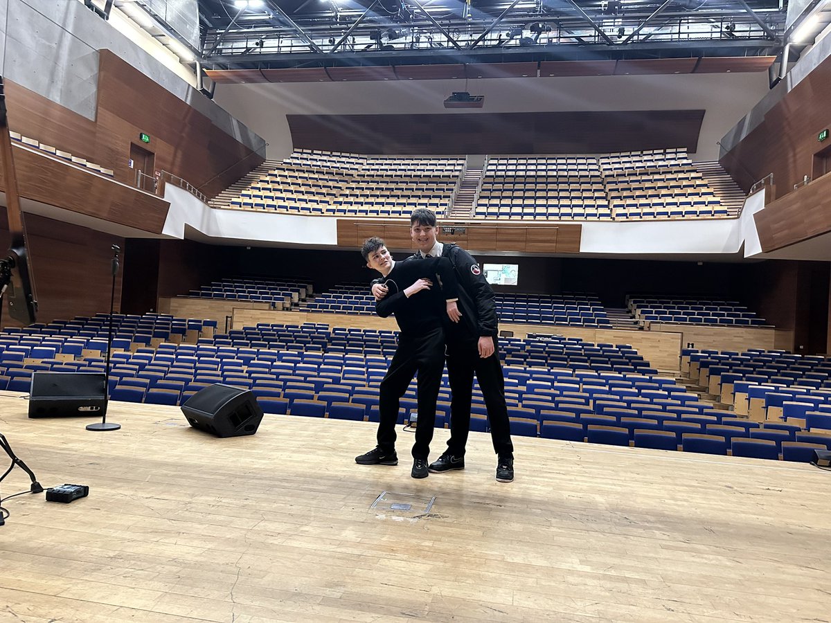 Today Euan and Blake took to the stage to do a run through of their script ahead of the #YPI National Event 2024. Big thanks to Mrs McCudden, the best cheerleader and supporter ✨✨ 4 weeks to go! #DrivingChange @DennyHighSchool