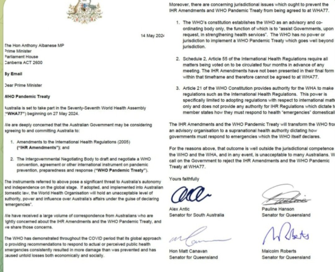 Gruppo di parlamentari australiani ha chiesto al Governo di non firmare i documenti che permettano al Who di passare da organismo consultivo ad autorità sanitaria sovranazionale